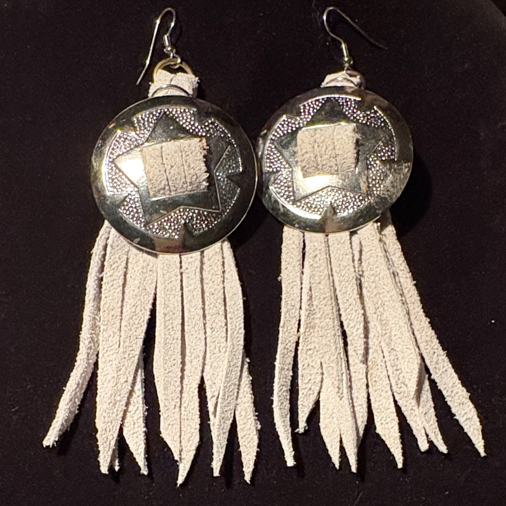 Real Leather with Silver Concho style Earrings. 3 inches. Boutique ( $24.99)